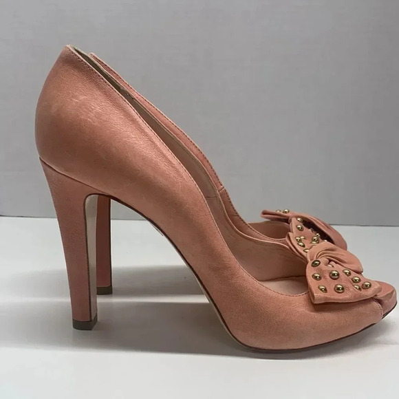 Valentino Red V High Heel Pumps Shoes Peep Toe Studded BowCoral Pink  Size 40 10 - Picture 4 of 12